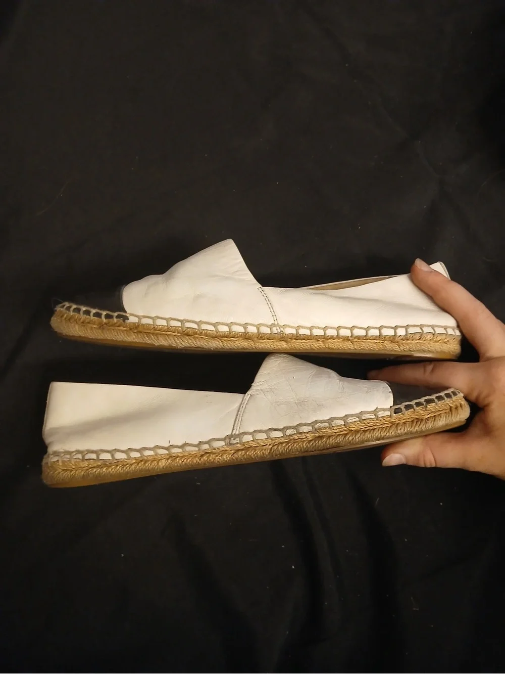 Women's White Leather Espadrille Flats with Black Cap Toe